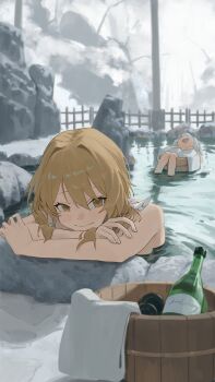 Rule 34 | 2girls, absurdres, afloat, alcohol, bamboo fence, bare shoulders, bath, bathing, blonde hair, bottle, bucket, closed mouth, commentary request, cup, feather hair ornament, feathers, fence, genshin impact, hair between eyes, hair ornament, halo, highres, in bucket, in container, leaning on object, looking at viewer, lumine (genshin impact), lupinu5, mechanical halo, multiple girls, naked towel, nude, onsen, open mouth, paimon (genshin impact), partially submerged, rock, sake, sake bottle, same-sex bathing, shared bathing, short hair, short hair with long locks, sidelocks, smile, soaking feet, steam, tokkuri, towel, water, wet, wet towel, white hair, wooden bucket, yellow eyes