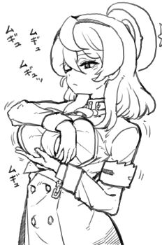 Rule 34 | 1girl, adjusting breasts, ako (blue archive), armband, blue archive, breasts, buttons, cowbell, double-breasted, hair between eyes, halo, jacket, japanese text, long hair, monochrome, motion lines, one eye closed, sideboob, tank1000ml, translation request, white background