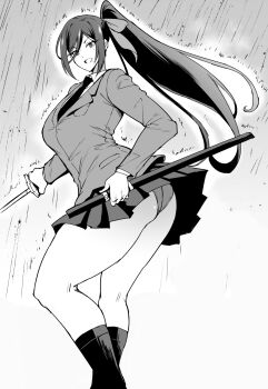 1girl bare_legs blazer breasts clothes_lift feet_out_of_frame floating_clothes hair_between_eyes hair_ornament high_ponytail holding holding_sheath holding_sword holding_weapon implied_stepping jacket jk_taimabu kneehighs kumashiro_reika long_hair looking_at_viewer necktie open_mouth panties ponytail rain sheath shirt sidelocks skirt skirt_lift socks standing sword underwear unsheathed v-shaped_eyebrows weapon