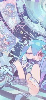 >_< 1girl ankle_socks argostars_-_glorious_adra arm_up artist_name audience bike_shorts black_arm_warmers black_shoes black_shorts black_socks blue_hair blue_leotard blue_shoes blush cheering chibi cloak commentary_request dated duel_monster english_text feet fireworks hair_between_eyes hair_ornament high_ponytail highres holding holding_towel leotard long_hair long_sidelocks multicolored_shoes multiple_views nail_polish nayuse_maymey one_eye_closed pink-tinted_eyewear pointing ponytail scouter shoes shorts sidelocks signature single_bare_foot socks star_(symbol) sweat tinted_eyewear towel twitter_username two-tone_shoes watermark yu-gi-oh!