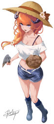 Rule 34 | 1girl, :d, alternate costume, arknights, bagpipe (arknights), bare shoulders, black footwear, blue socks, boots, bra strap, breasts, chaciooh, cleavage, commentary request, crop top, denim, denim shorts, hat, highres, holding, horns, kneehighs, long hair, looking at viewer, midriff, navel, off-shoulder shirt, off shoulder, open mouth, orange hair, potato, purple eyes, shirt, short shorts, short sleeves, shorts, smile, socks, solo, standing, stomach, sun hat, very long hair, white shirt
