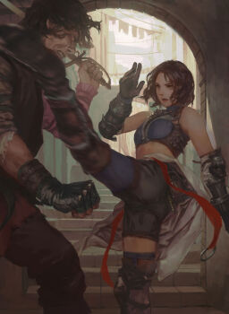 Rule 34 | 1boy, 1girl, bad id, bad pixiv id, brown hair, fighting, gauntlets, gloves, halterneck, halterneck, ishidah, kicking, motion blur, original, short hair, sword, weapon