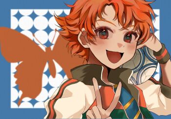 Rule 34 | 1girl, argyle background, ball, black jacket, blue border, blue shirt, blush, border, bug, butterfly, collared jacket, eyelashes, happy, high collar, highres, holding, holding ball, insect, jacket, jersey, long sleeves, looking at viewer, mer (zo no 00), messy hair, multicolored jacket, natsuki rin, open clothes, open jacket, open mouth, outside border, precure, puffy long sleeves, puffy sleeves, red butterfly, red eyes, red hair, red jacket, shirt, short hair, single stripe, smile, soccer ball, solo, sportswear, striped clothes, striped shirt, striped wristband, three-quarter sleeves, tomboy, two-tone jacket, upper body, v, white background, white sleeves, wristband, yes! precure 5