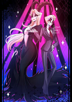 1boy 1girl the_addams_family adylaineart black_dress black_suit cosplay couple demon_boy demon_girl dress formal_clothes gomez_addams gomez_addams_(cosplay) hazbin_hotel hellaverse husband_and_wife lilith_(hazbin_hotel) long_hair lucifer_morningstar_(hazbin_hotel) morticia_addams morticia_addams_(cosplay) suit very_long_hair