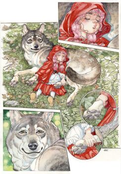 1girl animal big_bad_wolf blush_stickers braid brown_shoes cape commentary_request day forest freckles grass hand_on_another's_foot highres honjo_kei hood hood_up hooded_cape leaf little_red_riding_hood_(fairy_tale) little_red_riding_hood_(fairy_tale_character) looking_at_another medium_hair multiple_views nature outdoors pantyhose parted_lips pink_hair red_cape red_skirt shirt shoes signature skirt sleeping sleeping_on_animal smile thick_eyebrows traditional_media tree twin_braids white_pantyhose white_shirt wolf