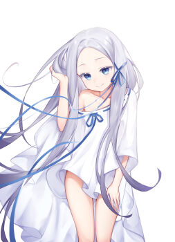 1girl absurdres blue_eyes blue_ribbon closed_mouth collarbone colored_eyelashes commentary_request dress floating_hair forehead grey_hair hair_ribbon hand_in_own_hair highres long_hair looking_at_viewer naked_poncho off_shoulder pandora_(re:zero) parted_bangs re:zero_kara_hajimeru_isekai_seikatsu ribbon ribbon-trimmed_clothes ribbon-trimmed_dress ribbon-trimmed_shirt ribbon_trim shirt simple_background smile solo standing user_sxaf8777 very_long_hair white_background white_dress wind