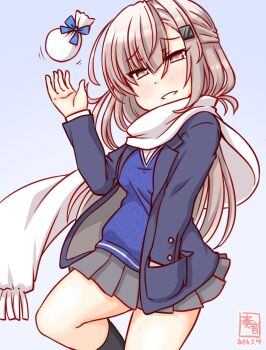 Rule 34 | 1girl, alternate costume, artist logo, bag, black socks, blue background, blue sweater, brown eyes, dated, gradient background, grey hair, grey jacket, grey skirt, hand in pocket, jacket, kanon (kurogane knights), kantai collection, logo, long hair, one-hour drawing challenge, parted lips, pleated skirt, satchel, scarf, school swimsuit, skirt, smile, socks, solo, standing, standing on one leg, sweater, swimsuit, wahoo (kancolle), white scarf