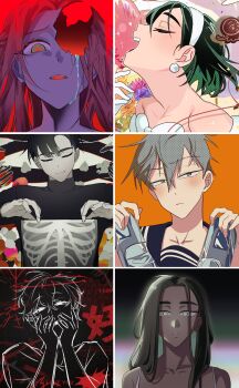 3boys 3girls absurdres ai_kotoba_iv_(vocaloid) alien_stage bilingual_text black_hair black_shirt blush bracelet brown_hair cherry_bracelet chinese_lantern_(plant) cinderella_(vocaloid) closed_eyes closed_mouth clover commentary cookie cracked_skin dark-skinned_female dark_skin earrings english_commentary english_text fang fang_out flower food fork four-leaf_clover glass_footwear gloves gradient_eyes green_eyes grey_eyes grey_hair hairband hands_on_own_face heart highres holding holding_shoes holding_unworn_clothes hole_in_head hyuna_(alien_stage) ivan_(alien_stage) jewelry kuradrawings long_hair long_sleeves luka_(alien_stage) marshmallow_(vocaloid) mixed-language_text mizi_(alien_stage) multicolored_eyes multiple_boys multiple_girls open_mouth orange_flower orange_rose otome_kaibou_(vocaloid) parted_lips pearl_earrings pink_flower pink_hair purple_flower red_background red_pupils rose shirt shoes short_hair skeleton smile star_(symbol) stuckmoth_(vocaloid) sua_(alien_stage) tears till_(alien_stage) turtleneck turtleneck_shirt two-tone_eyes unworn_shoes very_short_hair white_gloves white_hairband x-ray x-ray_film yellow_eyes yowamushi_mont-blanc_(vocaloid)