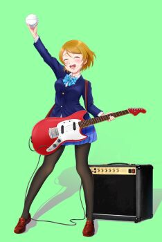 1girl 9ma_bot artist_name artist_request bear_(pixiv3715211) black_legwear blue_bow blue_cardigan blue_jacket blue_skirt blush bow bowl bowtie breasts brown_hair brown_shoes cardigan checkered_clothes checkered_skirt closed_eyes collared_shirt female_focus full_body green_background guitar hair_between_eyes highres holding holding_instrument instrument jacket koizumi_hanayo long_sleeves looking_at_viewer love_live! love_live!_school_idol_project medium_breasts miniskirt otonokizaka_school_uniform parted_lips pleated_skirt purple_eyes raised_arm rice_bowl school_uniform shirt shoes short_hair skirt smile solo striped_bow white_shirt