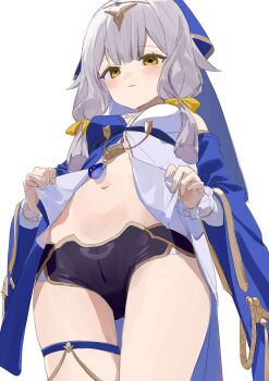 1girl absurdres black_shorts blue_veil blush breasts commentary_request dress highres honkai_(series) honkai_impact_3rd long_hair navel parted_lips roena serapeum_(honkai_impact) short_shorts shorts simple_background small_breasts solo stomach thigh_strap thighs two-tone_dress veil very_long_hair white_background white_hair yellow_eyes