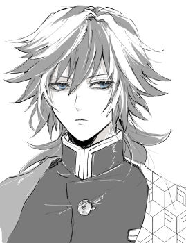 Rule 34 | 1boy, blue eyes, buttons, closed mouth, commentary request, demon slayer uniform, greyscale, half-closed eyes, haori, high collar, highres, jacket, japanese clothes, kikkoumon, kimetsu no yaiba, long hair, looking to the side, low ponytail, male focus, monochrome, oimo nkcn, partially colored, ponytail, print haori, red haori, simple background, solo, spiked hair, tomioka giyuu, upper body, white background