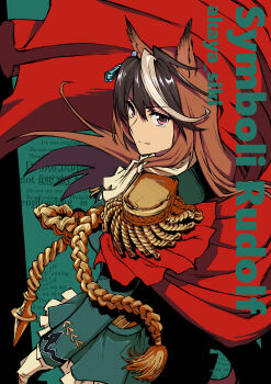 Rule 34 | 1girl, absurdres, aiguillette, akaya shiki, animal ears, artist name, black thighhighs, blush, brown hair, cape, commentary, cowboy shot, earrings, epaulettes, green jacket, hair between eyes, highres, horse ears, horse girl, horse tail, jacket, jewelry, long hair, long sleeves, looking at viewer, medal, multicolored hair, parted lips, petticoat, purple eyes, red cape, single earring, single epaulette, skirt, solo, streaked hair, symboli rudolf (umamusume), tail, thighhighs, umamusume, watermark, white hair, yogukasu