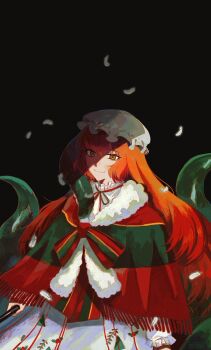 Rule 34 | 1girl, 320 ramensuki, christmas nightmare (e.g.o), closed mouth, commentary request, dress, e.g.o (project moon), falling feathers, feathers, fur-trimmed shawl, fur trim, hat, highres, holding, ishmael (project moon), limbus company, long hair, looking at viewer, mob cap, neck ribbon, orange hair, project moon, red shawl, ribbon, shawl, simple background, smile, solo, striped shawl, tentacles, very long hair, white dress, white hat