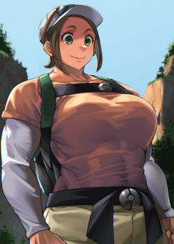 abs backpack bag breasts broad_shoulders collarbone highres hiker_(pokemon) large_breasts light_smile mikel_(4hands) mountain muscular muscular_female nintendo outdoors pokemon pokemon_sv shadow short_hair short_sleeves strap sunlight tall_female
