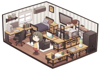 1girl :3 air_conditioner analog_clock animal_crossing bed black_pantyhose blender_(object) blue_eyes blush book bowl box brown_hair candle chair clock closed_mouth coffee_pot coffee_table collared_shirt commentary_request computer cooking_pot couch counter cpu cup desk diorama drawer dress_shirt faucet flat_screen_tv flower_pot handheld_game_console holding holding_cup isometric itou_(mogura) jar computer_keyboard long_sleeves looking_at_viewer microwave monitor necktie nightstand nintendo nintendo_switch paintbrush pantyhose paper pillow plant pleated_skirt potted_plant red_necktie red_skirt refrigerator rug shelf shirt short_hair simple_background sink skirt smile solo standing stool sweater_vest swivel_chair table television toolbox utensil_rack villager_(animal_crossing) wall_clock white_background white_shirt window wing_collar wooden_floor wrench yellow_sweater_vest