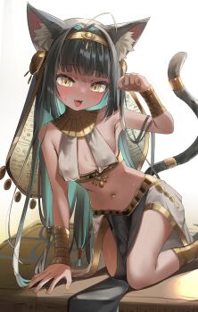 1girl :3 ahoge akahaneko ancient_egyptian ancient_egyptian_clothes animal_ear_fluff animal_ears bangle bare_shoulders black_hair blunt_bangs blush bracelet breasts cat_ears cat_tail colored_inner_hair commentary dark-skinned_female dark_skin fang hair_intakes highres brown_egyptian_cat-eared_loli_(trend) jewelry kneeling long_hair multicolored_hair navel open_mouth original paw_pose small_breasts smile solo sweatdrop tail tail_ornament tail_raised tail_ring two-tone_hair very_long_hair yellow_eyes yellow_nails