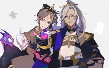 2boys absurdres arm_on_another&#039;s_shoulder armor asymmetrical_gloves black_gloves black_hair black_jacket black_robe black_sash blonde_hair blue_eyes closed_mouth commentary crescent curtained_hair dark-skinned_male dark_skin detached_sleeves earrings facial_mark fingernails forehead_mark gem gloves grey_hair hair_between_eyes hair_ornament hair_stick high_ponytail highres ibrahim_(3rd_costume)_(nijisanji) ibrahim_(nijisanji) jacket japanese_clothes jewelry long_hair long_sleeves looking_at_viewer male_focus mismatched_gloves multicolored_hair multiple_boys neck_tassel nijisanji nijisanji_en offering_hand official_alternate_costume open_clothes open_jacket parted_bangs parted_lips pink_gemstone pink_gloves ponytail purple_eyes raimei_naru robe sash sharp_fingernails shikigami shoulder_armor shu_yamino shu_yamino_(2nd_costume) side_part simple_background smile streaked_hair symbol-only_commentary tassel upper_body virtual_youtuber waist_sash white_background white_robe wide_sleeves