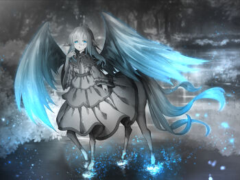 1girl ahoge animal_ears aqua_eyes centaur commentary_request dress feathered_wings forest full_body grey_dress grey_hair hair_between_eyes hand_up highres hooves horse_ears horse_tail light_particles limited_palette long_dress long_hair long_sleeves looking_at_viewer monster_girl multiple_legs nature original outdoors parted_lips sasasa_(nashi) sidelocks solo standing standing_on_liquid standing_on_three_legs tail taur water wings