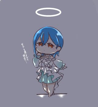 Rule 34 | 1girl, blue dress, blue hair, commentary request, deformed, dress, earrings, full body, gradient clothes, gradient dress, grey background, halo, jewelry, lilia (love live!), long sleeves, looking at viewer, love live!, love live! superstar!!, off-shoulder dress, off shoulder, orange eyes, parted lips, pleated dress, simple background, solo, stud earrings, traditional halo, translation request, wakana shiki, white halo, zyagazyaga117