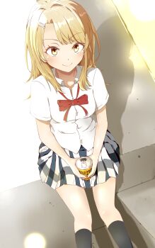 1girl absurdres atelier_z44 black_socks blonde_hair can canned_coffee closed_mouth collared_shirt commentary_request drink_can feet_out_of_frame georgia_max_coffee hair_ornament hairclip highres holding holding_can isshiki_iroha looking_at_viewer medium_hair miniskirt neck_ribbon parallel_hairclips plaid_clothes plaid_skirt red_ribbon ribbon school_uniform shirt short_sleeves sitting skirt smile sobu_high_school_uniform socks summer_uniform white_shirt yahari_ore_no_seishun_lovecome_wa_machigatteiru. yellow_eyes