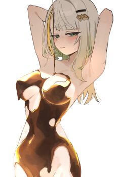 Rule 34 | 1girl, a.i. voice, absurdres, armpits, arms behind head, bodypaint, breasts, commentary, covered navel, english commentary, gold, green eyes, hair ornament, highres, long hair, naked paint, out-of-frame censoring, simple background, solo, standing, tsunose kotone, uranosebi, white background, white hair