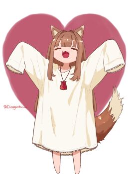 1girl animal_ear_fluff animal_ears brown_hair brown_tail commentary diagada english_commentary fangs frills happy heart heart_background highres holo long_hair neck_pouch nightgown no_feet open_mouth oversized_clothes simple_background smile solo spice_and_wolf tail twitter_username white_nightgown wolf_ears wolf_girl wolf_tail