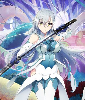 1girl bare_shoulders blue_bodysuit blue_gloves bodysuit breasts closed_mouth clothing_cutout cosplay cowboy_shot detached_sleeves drawing_sword game_cg glasses gloves grey_hair hair_ornament hip_vent holding holding_sheath holding_sword holding_weapon katana kitora_mirja large_breasts long_hair looking_at_viewer magical_girl official_art purple-framed_eyewear sheath solo sword third-party_source toji_no_miko toji_no_miko:_kizamishi_issen_no_tomoshibi tougou_mimori tougou_mimori_(cosplay) unsheathing very_long_hair weapon white_sleeves yellow_eyes yuuki_yuuna_wa_yuusha_de_aru yuusha_de_aru