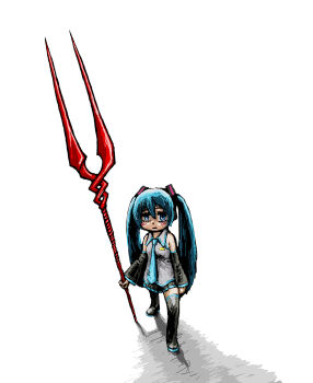 Rule 34 | 1girl, aqua eyes, aqua hair, aqua necktie, black skirt, blush, boots, detached sleeves, from above, grey shirt, hair ornament, hatsune miku, highres, holding, holding polearm, holding weapon, lance of longinus (evangelion), long hair, necktie, neon genesis evangelion, photoshop (medium), polearm, rxjx, shirt, skirt, thigh boots, twintails, vocaloid, weapon