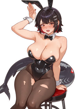 1girl absurdres animal_ear_hairband animal_ears arm_support armpit_crease bare_shoulders black_bow black_bowtie black_hair black_hairband black_leotard black_tail blush bow bowtie breasts brown_pantyhose cleavage colored_inner_hair commentary covered_navel detached_collar ellen_joe embarrassed english_commentary fake_animal_ears fingernails fins fish_tail groin hair_ornament hairband hairclip highres large_breasts leotard looking_at_viewer medium_hair mole mole_on_breast mole_under_eye multicolored_hair nail_polish on_stool open_mouth pantyhose pink_lips playboy_bunny rabbit_ear_hairband rabbit_ears rabbit_pose razor_blade_hair_ornament red_eyes red_hair red_nails reus_(cetta) shark_tail sharp_teeth simple_background sitting solo stool strapless strapless_leotard tail teeth thighs torn_clothes torn_pantyhose two-tone_hair upper_teeth_only white_background white_wrist_cuffs wrist_cuffs zenless_zone_zero