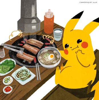 bench blush_stickers chewing chopsticks closed_mouth commentary_request commission copyright_logo cup egg_(food) food gen_1_pokemon hand_on_own_face lettuce logo looking_at_viewer meat next_pluto nintendo no_humans noodles pikachu pokemon pokemon_(creature) pokemon_focus ramen sauce simple_background sitting spring_onion table tongs twitter_username white_background wooden_bench wooden_table