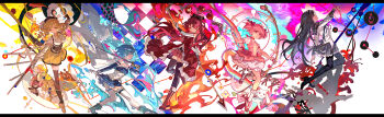 5girls absurdres akemi_homura akemi_homura_(magical_girl) beret black_boots black_hair black_pantyhose blonde_hair blue_eyes blue_hair blue_skirt blue_sleeves boots bow bow_(weapon) breasts bubble_skirt cape charlotte_(madoka_magica) closed_mouth color-coded commentary_request corset creature detached_sleeves dress drill_hair full_body gloves gun hair_bow hairband hat highres holding holding_bow_(weapon) holding_polearm holding_sword holding_weapon holy_quintet incredibly_absurdres kaname_madoka kaname_madoka_(magical_girl) knee_boots kyubey large_breasts long_hair long_sleeves looking_at_viewer magical_girl magical_musket_(madoka_magica) mahou_shoujo_madoka_magica mahou_shoujo_madoka_magica_(anime) mento miki_sayaka miki_sayaka_(magical_girl) multiple_girls pantyhose pink_dress pink_eyes pink_hair pink_shoes polearm puffy_short_sleeves puffy_sleeves red_boots red_dress red_eyes red_hair ribbon sakura_kyoko sakura_kyoko_(magical_girl) shadow shoes short_hair short_sleeves short_twintails skirt small_breasts smile soul_gem standing standing_on_one_leg striped_clothes striped_thighhighs sword thighhighs tomoe_mami tomoe_mami_(magical_girl) twin_drills twintails vertical-striped_clothes vertical-striped_thighhighs weapon white_cape white_gloves white_thighhighs yellow_eyes yellow_shoes yellow_skirt