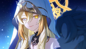 1boy 1girl albedo_(genshin_impact) bare_shoulders blonde_hair blue_eyes closed_mouth commentary_request genshin_impact hair_between_eyes halo halo_behind_head light_smile long_hair portrait rhinedottir_(genshin_impact) solo_focus star_(sky) starry_sky_background sucui_qiuqiu symbol-shaped_pupils veil white_veil yellow_eyes yellow_halo