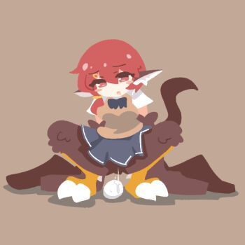 1girl animal_ears big_o_pants bird_ears bird_legs bird_tail black_skirt blush_stickers brown_background brown_feathers brown_vest brown_wings commentary_request egg egg_laying feather_fingers feathers fio-chan_(big_o_pants) harpy long_hair monster_girl no_lineart open_mouth original red_eyes red_hair shirt simple_background skirt solo tail vest white_shirt winged_arms wings