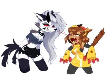 2girls animal_ears animal_nose body_fur breasts brown_hair cat_ears cat_girl cat_tail colored_sclera commentary crossover dark-skinned_female dark_skin dress furry furry_female gameoverse gauntlets goggles goggles_on_head grey_fur grey_hair hellaverse helluva_boss highres kit_bodega long_hair loona_(helluva_boss) multiple_girls open_mouth red_eyes red_sclera riux_xxx sharp_teeth short_hair snout tail tan teeth toon_(style) untranslatable_commentary voice_actor_connection whiskers white_fur wolf_ears wolf_girl wolf_tail yellow_dress yellow_gauntlets