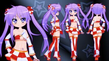 1girl 3d :o bare_shoulders black_background blue_eyes bow checkered_bow checkered_clothes checkered_skirt closed_mouth collarbone crop_top detached_sleeves eyes_visible_through_hair female_focus flat_chest gs-mantis hair_bow hand_on_own_hip high_heels highres hiiragi_kagami long_hair looking_at_viewer lucky_star midriff multicolored_skirt multiple_views purple_hair race_queen red_skirt shoes skirt star_(symbol) star_symbol_background tattoo thighhighs twintails v-shaped_eyebrows white_skirt zettai_ryouiki