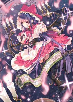 Rule 34 | 1girl, arikawa satoru, black gloves, black thighhighs, boots, candle, character request, commentary request, dress, fantasy, garter straps, gloves, highres, hood, long hair, looking at viewer, official art, outstretched arms, pointy ears, purple hair, red eyes, scroll, smile, solo, spread arms, tentacles, thighhighs, very long hair, z/x