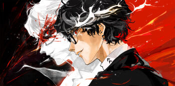 1boy amamiya_ren avenoirn black-framed_eyewear black_background black_hair black_jacket blood blood_on_face commentary english_commentary from_side highres jacket joker_(persona_5) looking_at_viewer looking_to_the_side male_focus mask multiple_views persona persona_5 red_background red_eyes school_uniform shuujin_academy_school_uniform smile two-tone_background upper_body zoom_layer