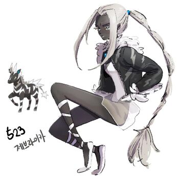1girl blue_eyes colored_skin gen_5_pokemon grey_skin jacket long_hair nintendo open_clothes open_jacket personification pokemon pokemon_(creature) ponytail shoes simple_background solo tamtamdi very_long_hair white_background white_hair white_shoes zebstrika