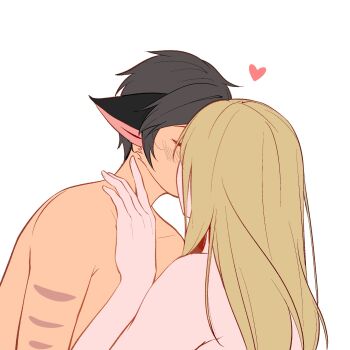 2girls adora_(she-ra) animal_ears black_hair blonde_hair blush cat_ears catra closed_eyes commentary hashtag-only_commentary heart highres kiss multiple_girls nude she-ra_and_the_princesses_of_power short_hair simple_background white_background youliqy yuri