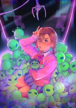 1girl absurdres alien antennae artist_logo artist_name ayase_momo black_choker black_eyes black_hair black_jacket blush bow bowtie brown_eyes brown_hair character_doll choker collared_shirt colored_skin commentary crane_game crossed_bangs dandadan dark doll dress_shirt earrings gakuran glasses green_nails green_skin hair_between_eyes hashtag-only_commentary highres holding holding_doll hugging_doll hugging_object in_crane_game jacket jewelry kneeling logo long_sleeves medium_hair melonpaya mosaic_pattern nose_blush open_mouth pendant_earring pink_lips pink_sweater pleated_skirt purple_skirt red_bow red_bowtie reflection round_eyewear school_uniform shirt skirt sleeves_past_wrists solo sweater symbol-only_commentary takakura_ken_(dandadan) v v_over_head white_shirt