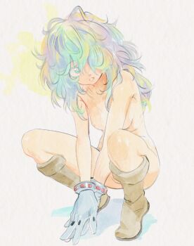 1girl blue_gloves boku_no_hero_academia boots breasts brown_boots butterchalk commentary gloves green_eyes green_hair grey_background hagakure_toru hair_over_one_eye looking_to_the_side medium_breasts nipples nude solo squatting