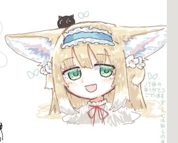 1girl :d animal_ears arknights blonde_hair blue_hairband blush commentary_request creature_on_head fang fox_ears fox_girl frilled_hairband frills green_eyes hairband heixiu long_hair luo_xiaohei_zhanji neck_ribbon open_mouth oudonium paint_chat_(medium) red_ribbon ribbon skin_fang smile suzuran_(arknights) translation_request
