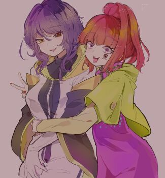 2girls blunt_bangs corruption dark_persona earrings gina_(gnosia) gloves gnosia hair_between_eyes heart heart_earrings heterochromia high_ponytail highres hood hoodie jewelry long_hair long_sleeves looking_at_viewer medium_hair multiple_girls ponytail purple_hair red_hair simple_background smile solo spikumin2 sq_(gnosia) tattoo upper_body wavy_hair