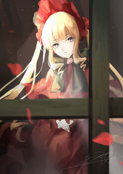 Rule 34 | 1girl, absurdres, black bow, black bowtie, blonde hair, blue eyes, blunt bangs, bow, bowtie, brooch, capelet, closed mouth, commentary request, dress, drill hair, drill sidelocks, falling petals, feet out of frame, flower, flower brooch, from outside, hands on own thighs, highres, jewelry, light particles, long hair, looking at viewer, looking outside, own hands together, petals, pink flower, pink rose, red bow, red capelet, red dress, rokuya (68 zusao), rose, rozen maiden, shinku, sidelocks, signature, sitting, solo, through window, twin drills, twintails, variant set, very long hair, window