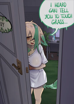 1girl :3 absurdres animal_ears animal_nose azuu_(azuucookie) bags_under_eyes bedroom blonde_hair blush body_fur bong bottomless breasts brown_fur can cleavage colored_sclera computer computer_keyboard door drink_can ears_down english_text female_focus furry furry_female gen_4_pokemon green_hair hair_over_one_eye half-closed_eyes hand_up happy highres indoors jimiko large_breasts leafeon long_hair looking_at_viewer monitor monster_energy multicolored_hair nintendo one_eye_covered open_mouth peeking_out personification plant pokemon pokemon_(creature) potted_plant raised_eyebrows red_eyes rug shirt short_sleeves smile soda_can solo speech_bubble standing streaked_hair tail talking two-tone_fur two-tone_hair white_shirt yellow_fur yellow_sclera