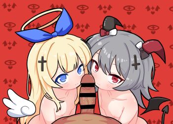1boy 2girls akuma_(tententengokujigokugoku) angel angel_wings asymmetrical_horns bar_censor black_horns black_tail black_wings blonde_hair blue_eyes bow breasts censored closed_mouth commentary_request cross cross_hair_ornament demon_girl demon_horns demon_tail demon_wings detached_wings ffm_threesome grey_hair group_sex hair_ornament halo hetero horizontal_pupils horn_bow horn_ornament horns inverted_cross latin_cross loli long_hair looking_at_viewer low_wings mini_wings mismatched_horns multiple_girls nipples nude paid_reward_available penis pov pov_crotch red_background red_eyes red_horns scarfy_(scarfy_chang) small_breasts smile tail tenshi_(tententengokujigokugoku) tententengokujigokugoku_(aiobahn) threesome traditional_halo variant_set wings yellow_halo