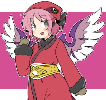 1girl animal_ears bird bird_ears bird_wings blush brown_gloves cosplay dress fang gloves grey_eyes hat ini_(inunabe00) long_sleeves looking_at_viewer muu_shuwuu_(cosplay) muu_shuwuu_(megami_tensei) mystia_lorelei open_mouth pink_hair red_dress red_hat shin_megami_tensei short_hair skin_fang smile solo sparrow touhou upper_body white_wings wings