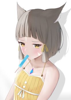 1girl absurdres animal_ear_fluff animal_ears bare_arms bare_shoulders breasts chest_jewel collarbone commentary dress drop_shadow food food_in_mouth gradient_background grey_background grey_hair highres mouth_hold nia_(fancy_sundress)_(xenoblade) nia_(xenoblade) popsicle short_hair sleeveless sleeveless_dress small_breasts solo suetan922 white_background xenoblade_chronicles_(series) xenoblade_chronicles_2 yellow_dress yellow_eyes
