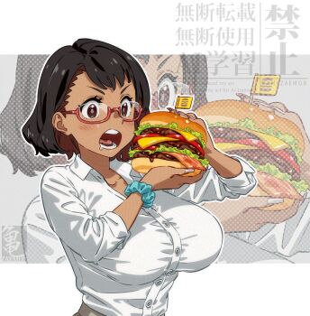 1girl artist_name breasts brown_eyes burger cheese commentary_request dark-skinned_female dark_skin food glasses holding holding_burger holding_food kamezaemon kasshoku_kyonyuu_megane-san_(kamezaemon) large_breasts lettuce open_mouth original saliva short_hair solo tomato tomato_slice