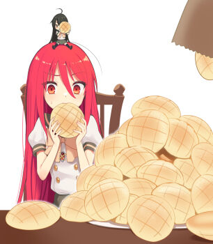 1girl ahoge alastor_(shakugan_no_shana) black_hair blush bread chibi chibi_on_head child clone dual_persona food green_sailor_collar green_serafuku hair_between_eyes jewelry long_hair looking_at_viewer melon_bread misaki_high_school_uniform ohlia on_head pendant person_on_head red_eyes red_hair sailor_collar school_uniform serafuku shakugan_no_shana shana shirt solo too_many very_long_hair